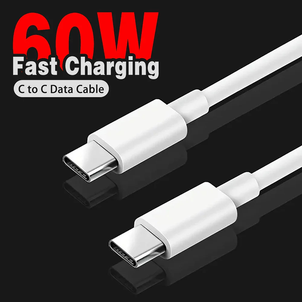 PD 60W USB-C to USB Type-C Fast Charge Data Cable – Compatible with iPhone 15, Huawei, Samsung, Xiaomi, 1M/2M/3M in Black & White