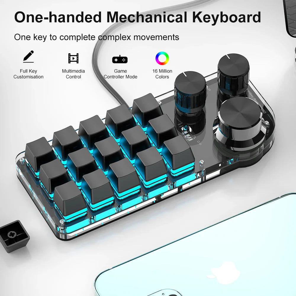 15-Key RGB Mechanical Macro Keyboard — Custom Programmable Hotswap Macropad with 3 Knobs for Photoshop & Gaming