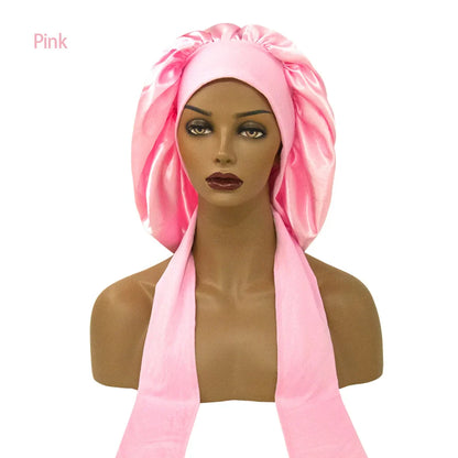 Satin Nightcap for Women - Wide Stretch, Extra-Large Long Tail, Shower Cap with Ribbon, Round Hat Hair Bonnet