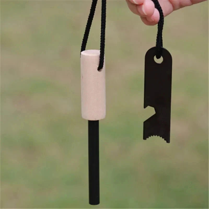 Wilderness Survival Flint Kit – Portable Magnesium Fire Starter with Wooden Handle for Camping & Outdoor