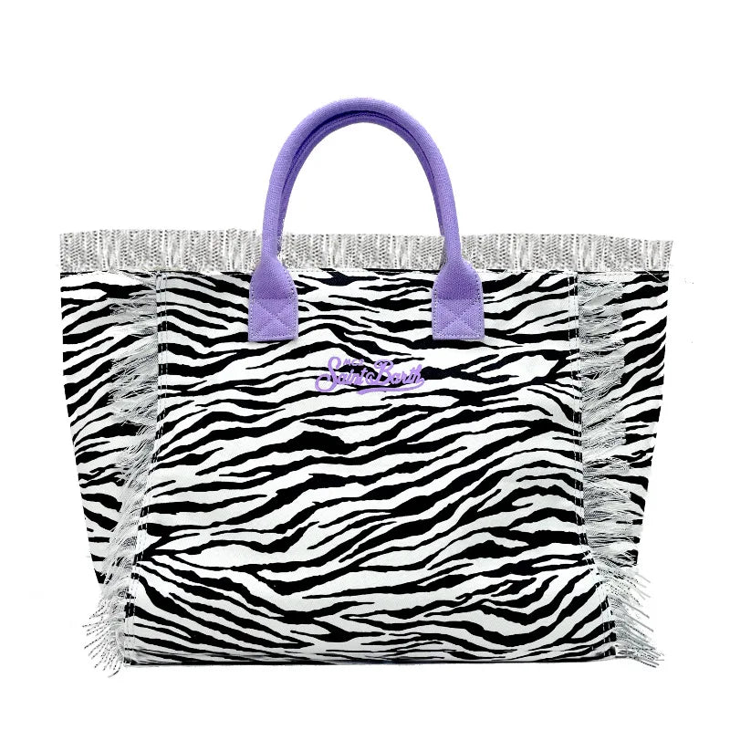 Saint Barth Large Capacity Women's Beach Handbag – European & American Style, Deep Blue Striped Tassel Tote