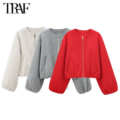 TRAF Women’s Red Zipper Bomber Jacket – Soft Cropped Sports Jacket, Long Sleeve 2024 Outerwear