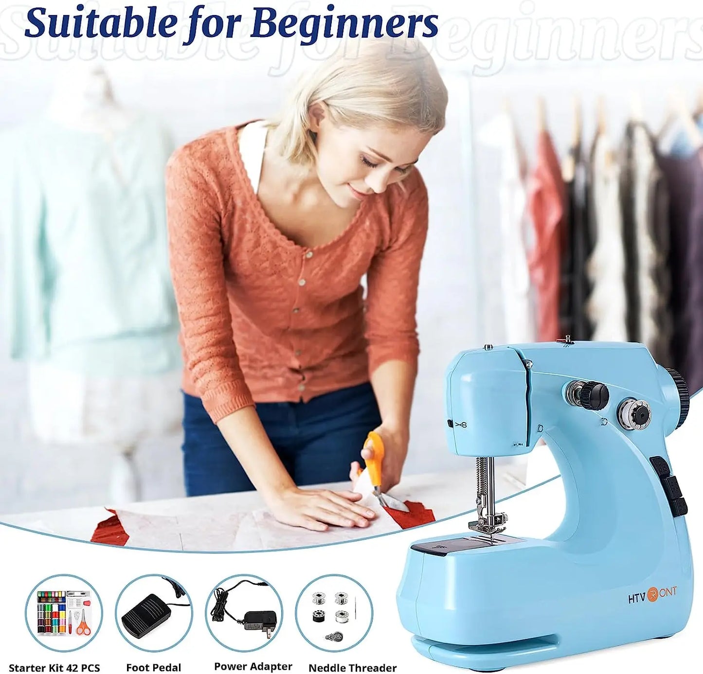 HTVRONT Mini Electric Sewing Machine for Beginners — Portable Household Sewing Kit with 42PCS, Foot Pedal, and Straight Stitch Table Tool