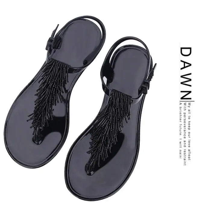 Women's Black Crystal PVC Flip-Flop Sandals – Low Heel Summer 2024 Luxury Footwear