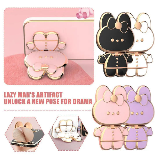 Universal Cat Mobile Phone Holder – 2-in-1 Metal Cell Phone Stand with Finger Grip & Makeup Mirror