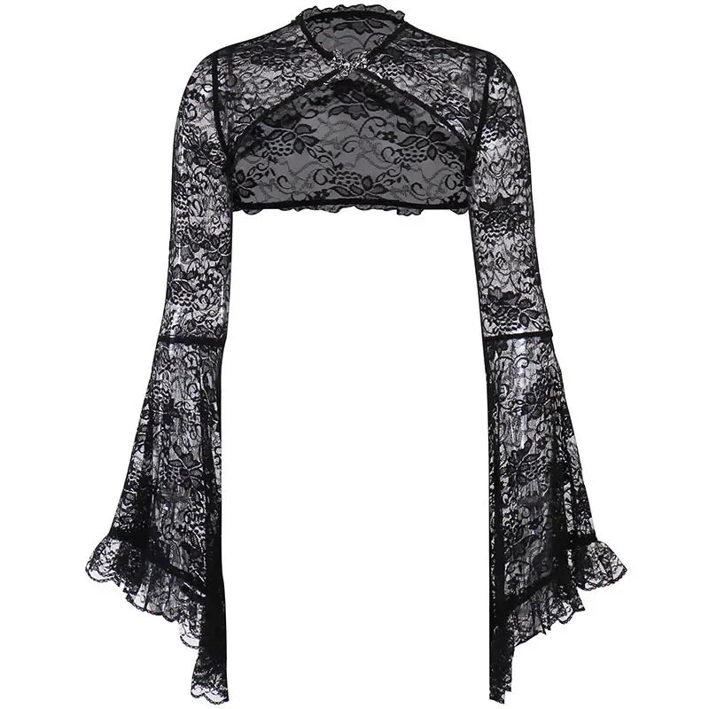 Lace Gothic See-Through Shrug Top – Black Flare Sleeve Crop Top, Vintage Punk Style for Women