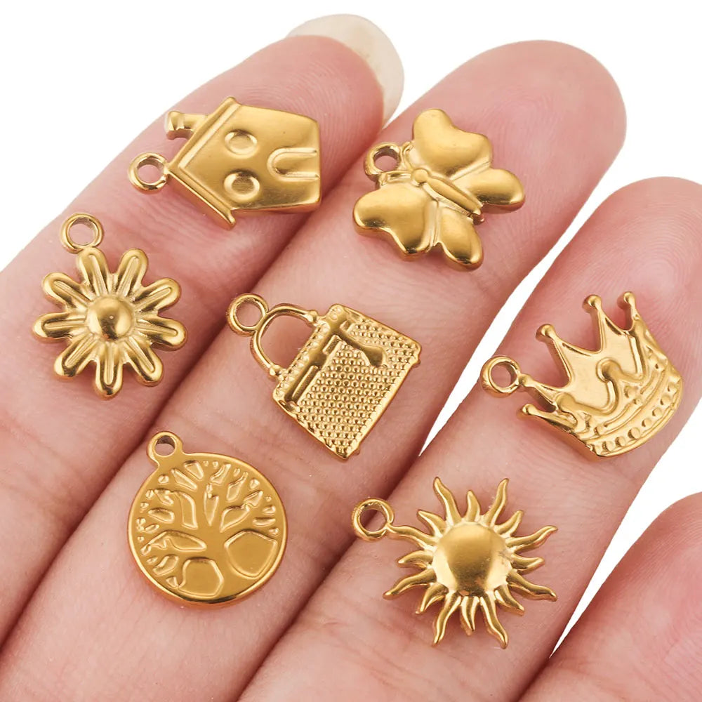 10PCS Stainless Steel Gold-Plated Sun Flower Crown Charms – DIY Necklace & Earrings Jewelry Making Accessories
