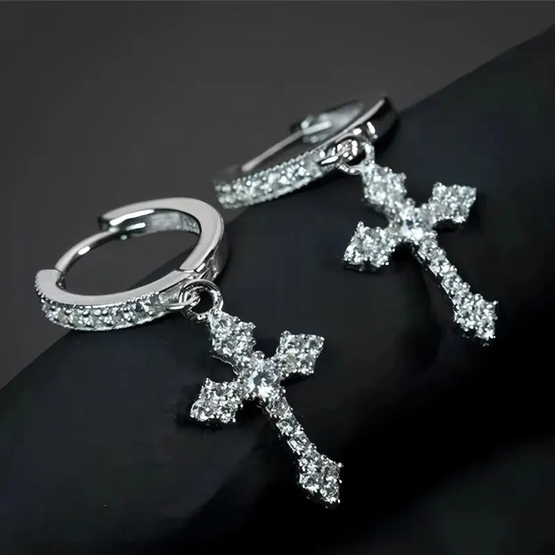 Classic Cross Crystal Earrings - Replaceable White Point-Drill Hip-Hop Party Jewelry for Women & Men