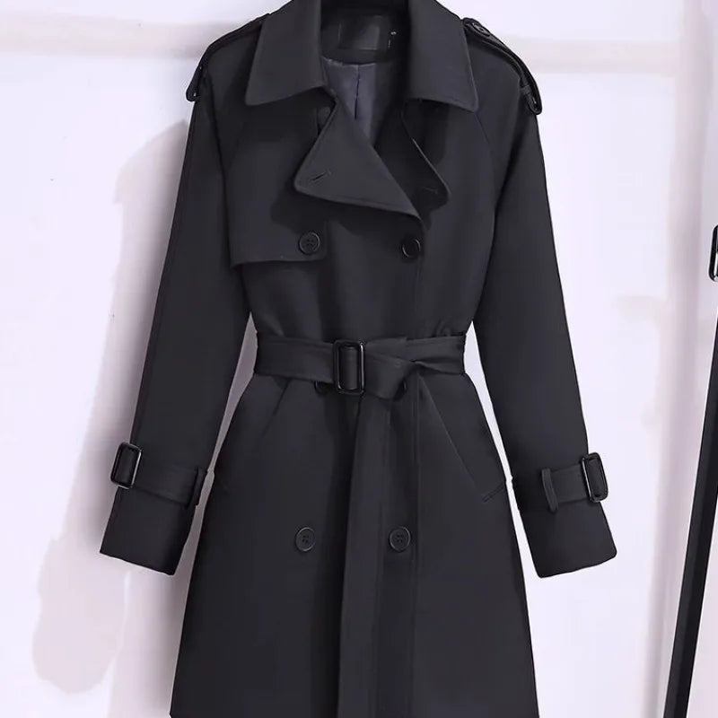 Women’s Trendy Trench Coat – Spring Autumn Slim Mid-Length Double-Breasted Belted Windbreaker