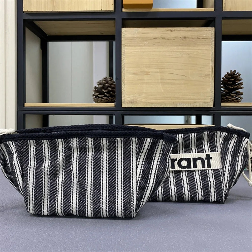 2024 Cotton Stripe Canvas Zip Pouch – Fashionable Handheld Cosmetic Cloth Bag