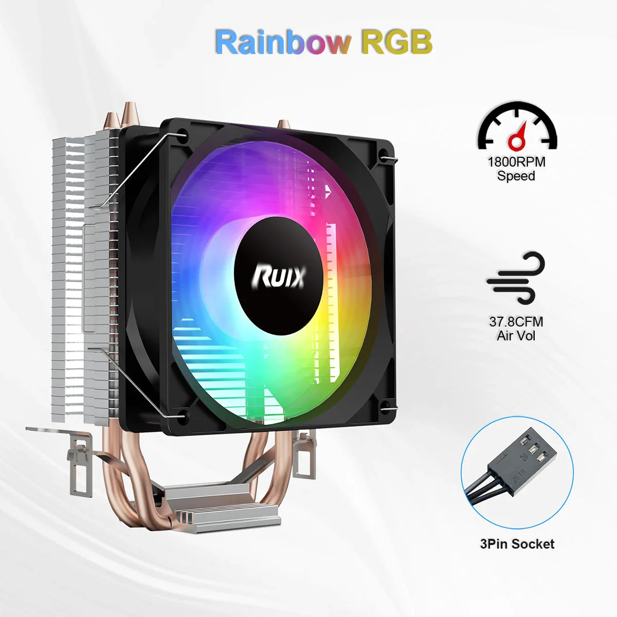 Ruix X2000 RGB CPU Air Cooler — 2 Heatpipe Radiator with 3-Pin Quiet Fan for Intel LGA 115X/1200/1700 & AMD AM4/AM5