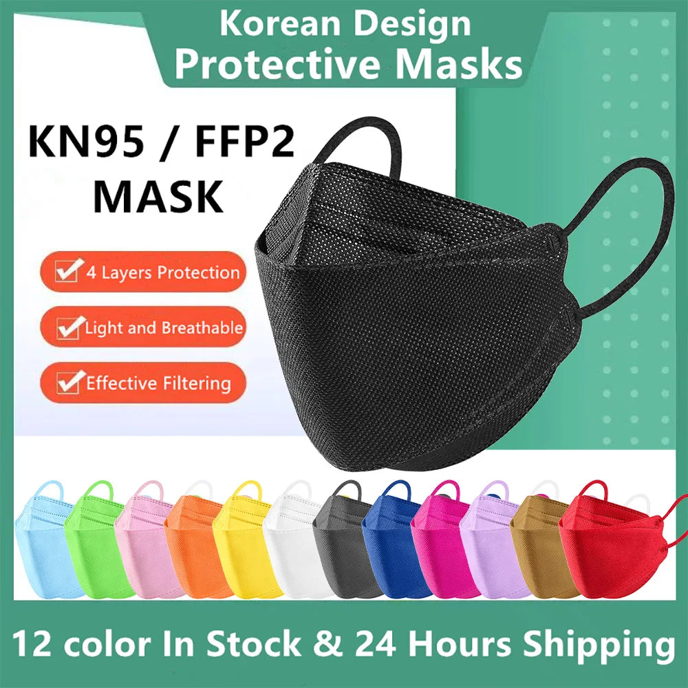 10-100PCS FFP2 Face Masks — CE Approved Disposable KN95 KF94 Black Fish Style Protective Masks