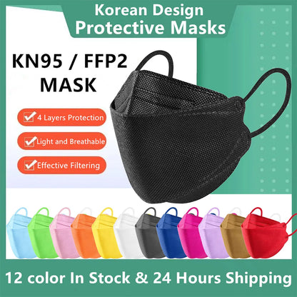 10-100PCS FFP2 Face Masks — CE Approved Disposable KN95 KF94 Black Fish Style Protective Masks