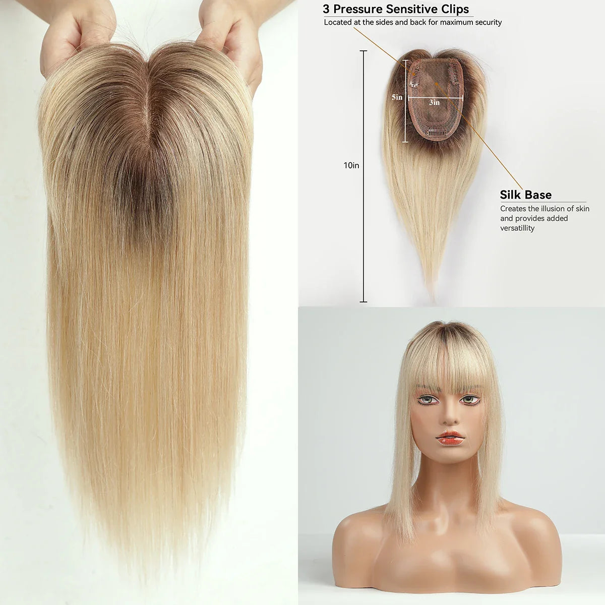 Ombre Brown Blonde Remy Human Hair Topper – 14 Inch Silk Base Clip-In Wig with Bangs for Women