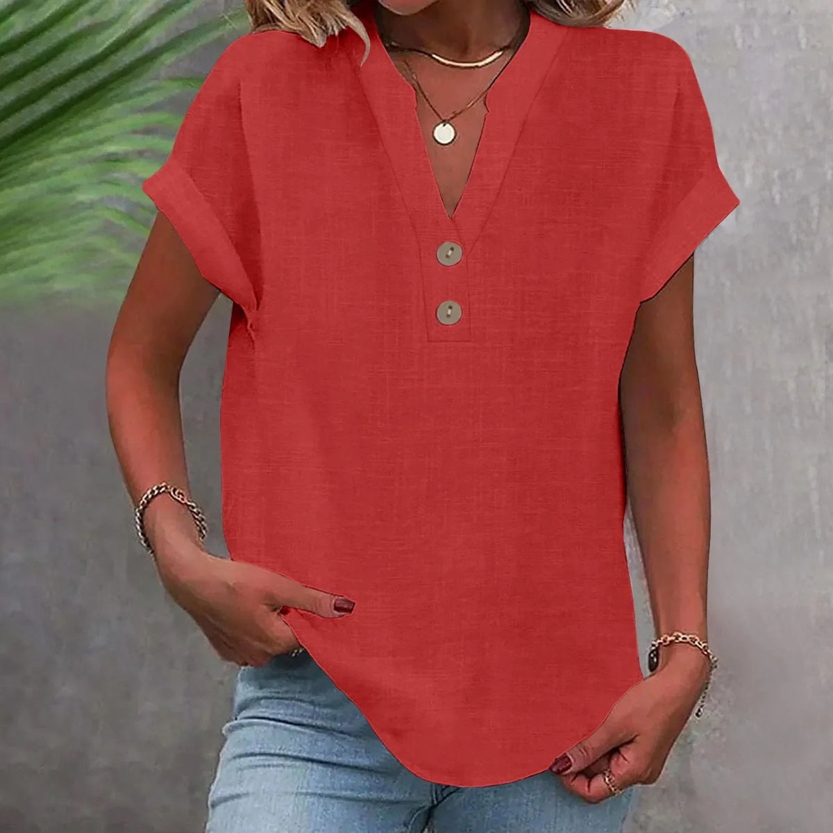 Women’s Cotton Linen Button-Down V-Neck Shirt – Breathable Solid Color Summer Office Casual Top 2025
