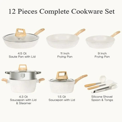 SODAY 12 Piece Granite Nonstick Cookware Set - Induction Compatible Kitchen Pots and Pans