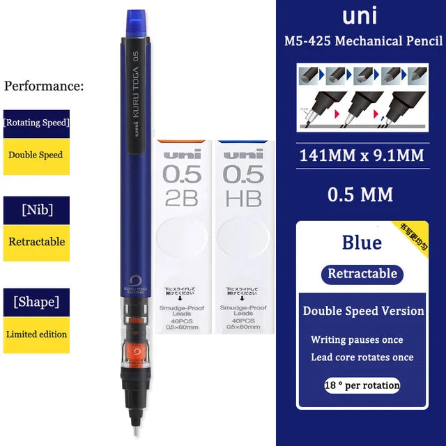 UNI KURU TOGA M5-452 Mechanical Pencil 0.5mm – Rotating Lead Automatic Pencil for Continuous Writing & Sketching
