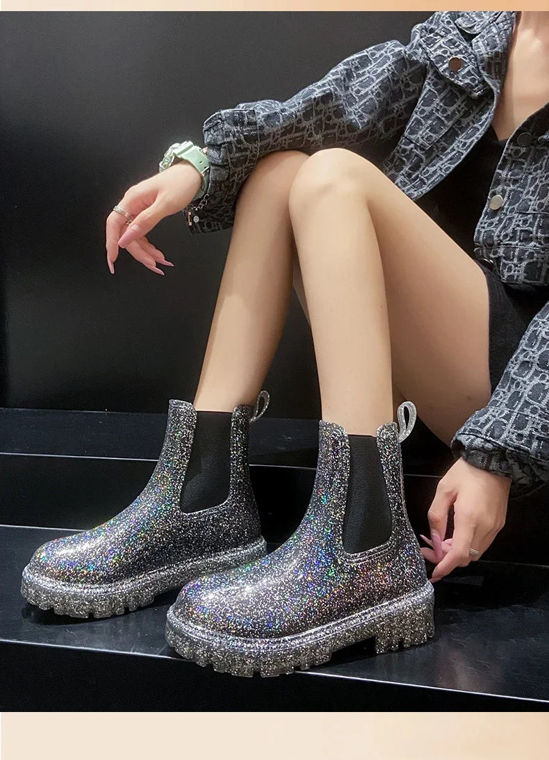 Women’s Shiny Color Fashion Rain Boots – Four-Season Waterproof Mid-Tube Ankle Outdoor Shoes