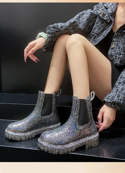 Women’s Shiny Color Fashion Rain Boots – Four-Season Waterproof Mid-Tube Ankle Outdoor Shoes