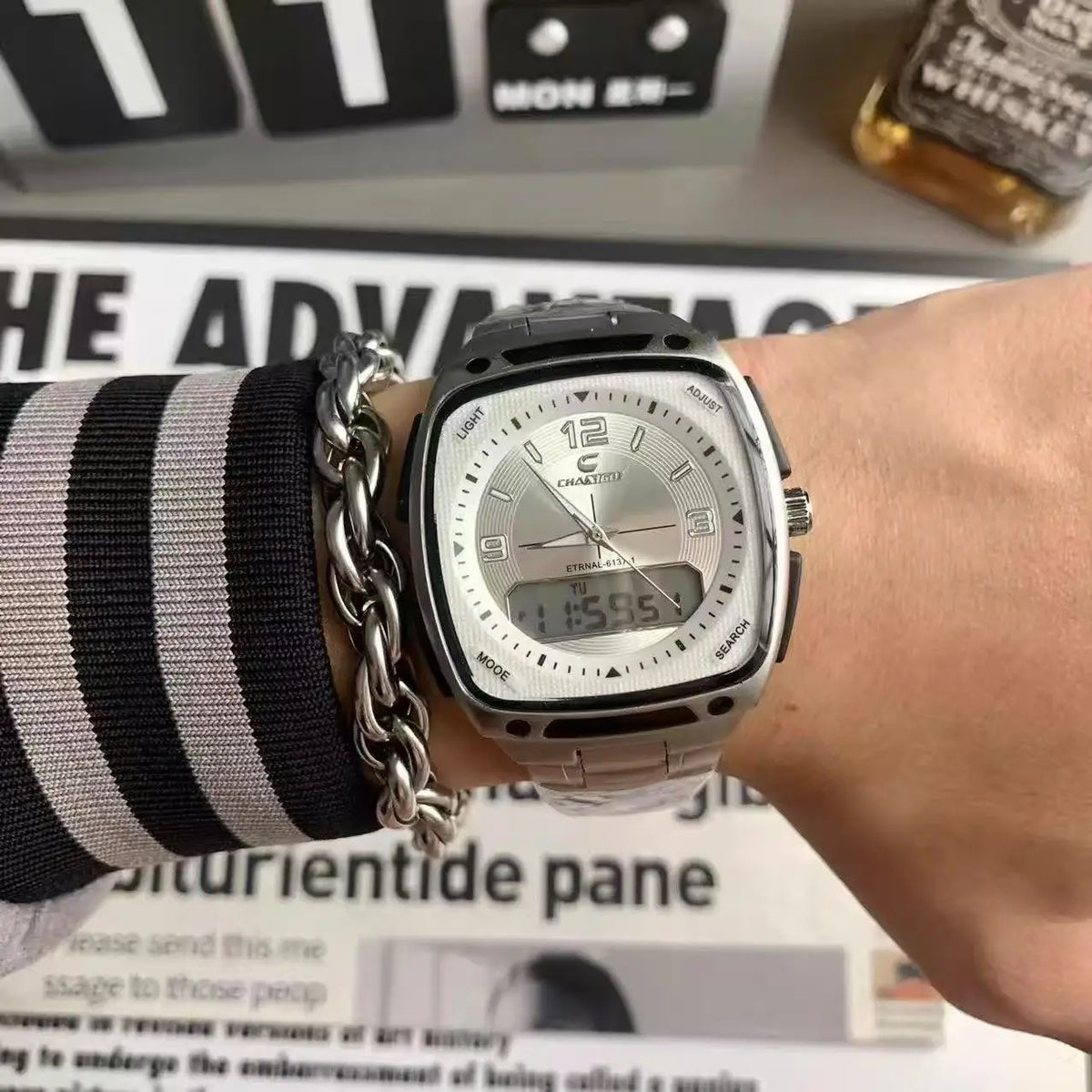 Men’s Digital Square Quartz Watch - Large Dial Luminous Fashion Watch with Alarm