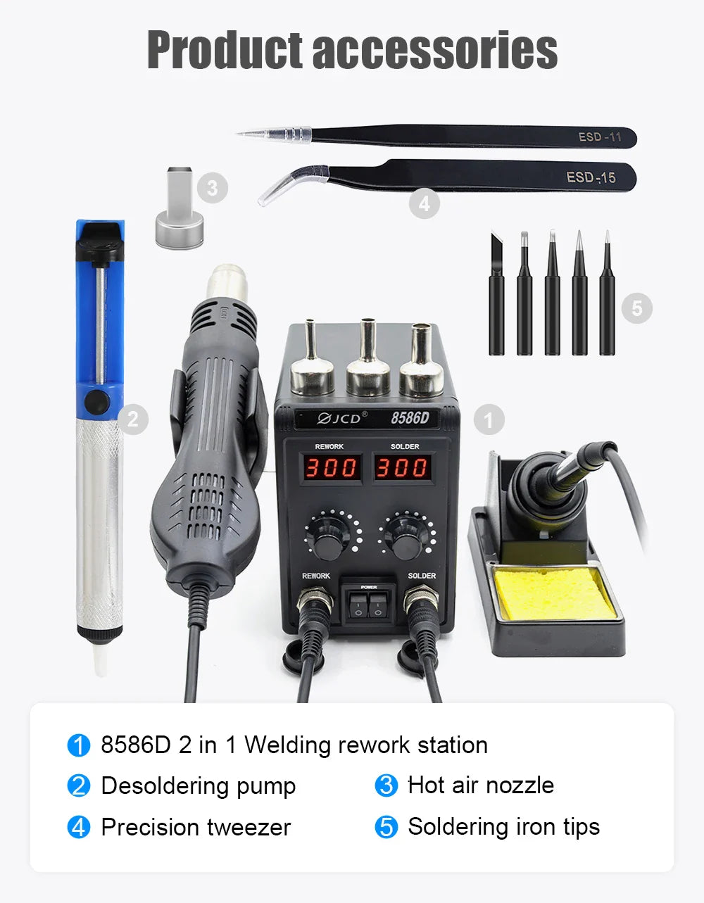 JCD 8586D 2-in-1 750W Soldering Station with Hot Air Gun – LCD Digital Display Electric Soldering Iron for SMD Welding & Rework