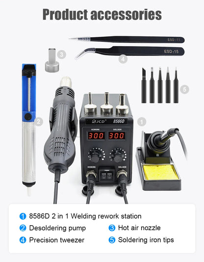 JCD 8586D 2-in-1 750W Soldering Station with Hot Air Gun – LCD Digital Display Electric Soldering Iron for SMD Welding & Rework