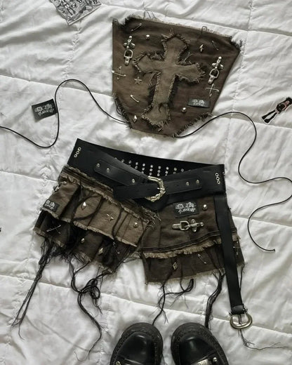 2025 Y2K Gothic Denim Two-Piece Set — Women’s Harajuku Pleated Mini Skirt Streetwear Outfit
