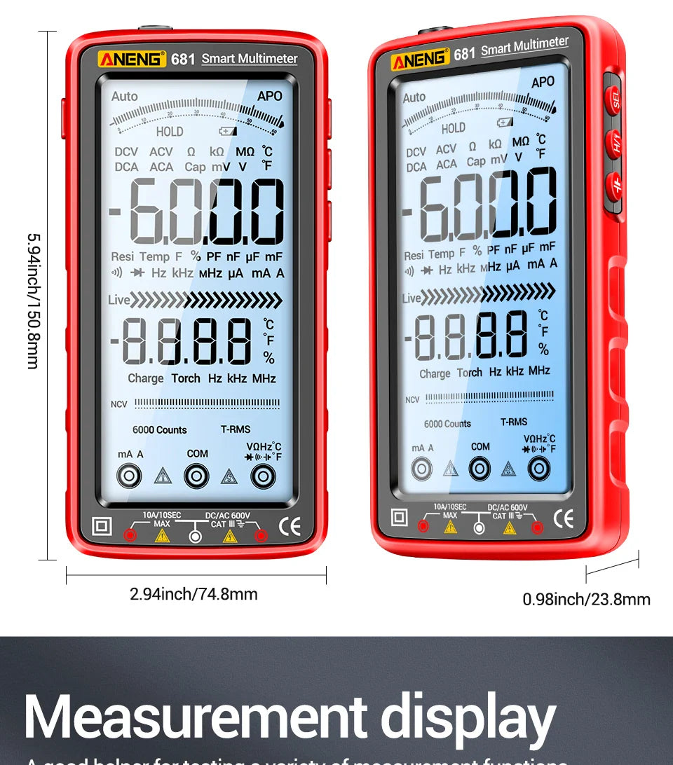 ANENG 681 Rechargeable Digital Multimeter — Professional Non-Contact AC/DC Voltage & Current Tester with LCD Screen