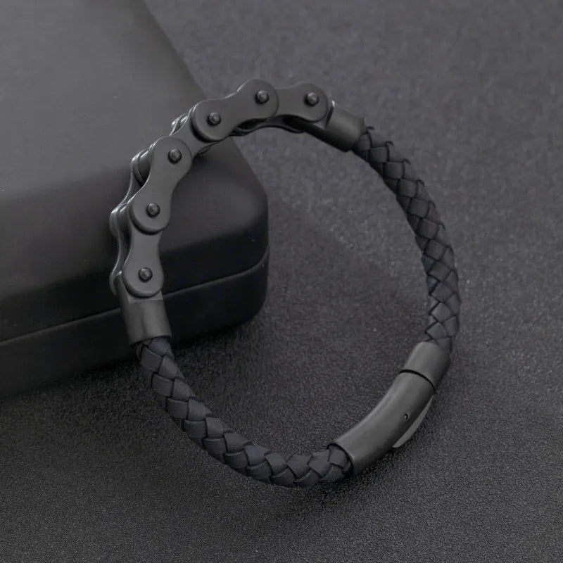 Retro Punk Bike Chain Leather Bracelet with Metal Buckle - Hand-Woven Rock Jewelry for Men, Motorcyclist Party Gift