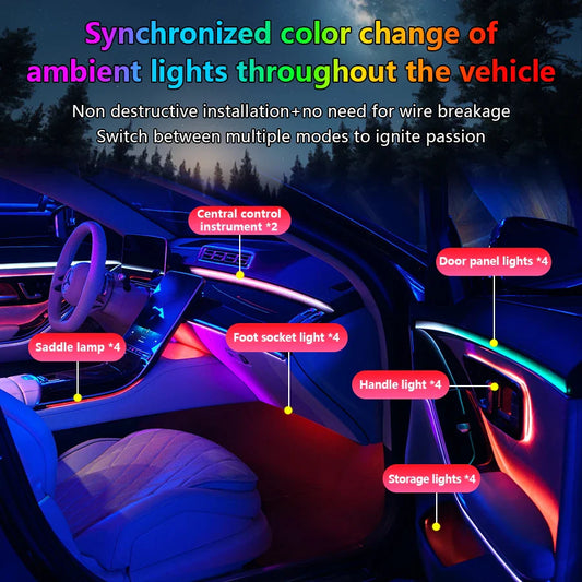 18 Inch Car Ambient Lights – RGB Acrylic Fiber Strip Backlight, 64 Color App-Controlled Interior Decoration Lamp