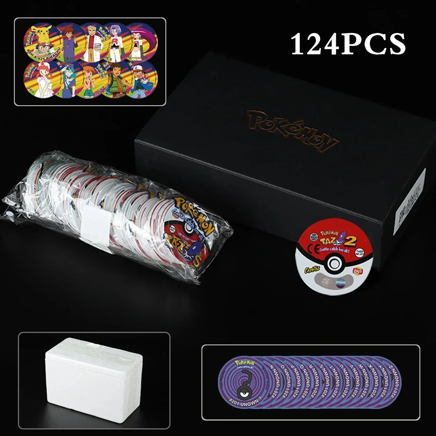 100/160pcs Pokemon Tazos – 1st & 2nd Generation 3D Round and Square Collector Cards, Album Trainer Pogs for Cheetos Chipitaps