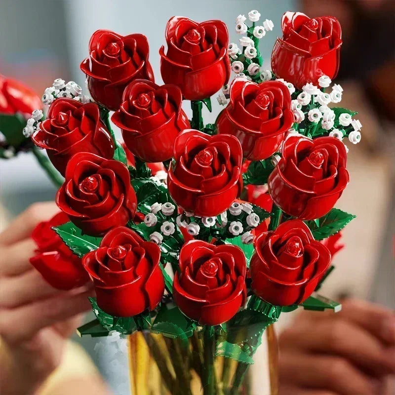 Romantic Rose Flower Bouquet Building Block Set – Creative Home Desk Plant Decoration, Assemble Bricks Toy Gift for Girls & Women