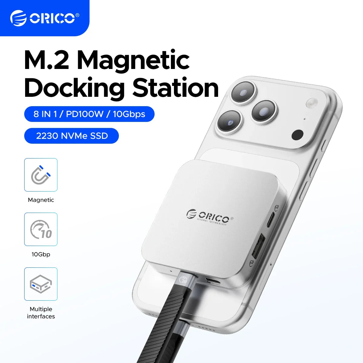 ORICO 10Gbps M.2 2230 NVMe SSD Enclosure – USB-C 4K60Hz Dock with SD/TF Reader & 100W PD Charging Station for iPhone