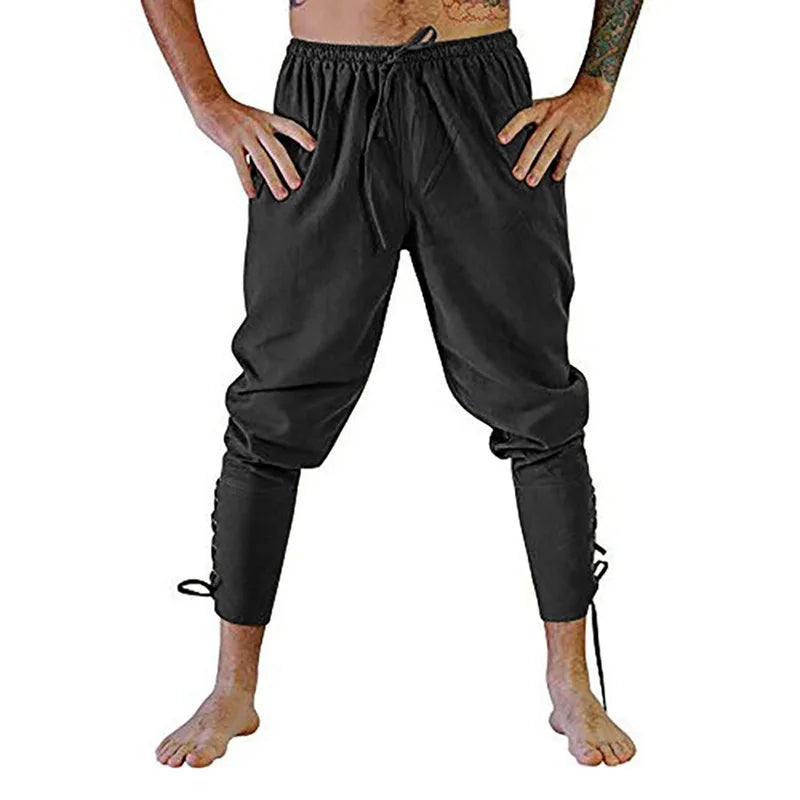 Men’s Pirate & Viking Costume Pants – Renaissance Medieval Drawstring Shorts for Halloween Cosplay