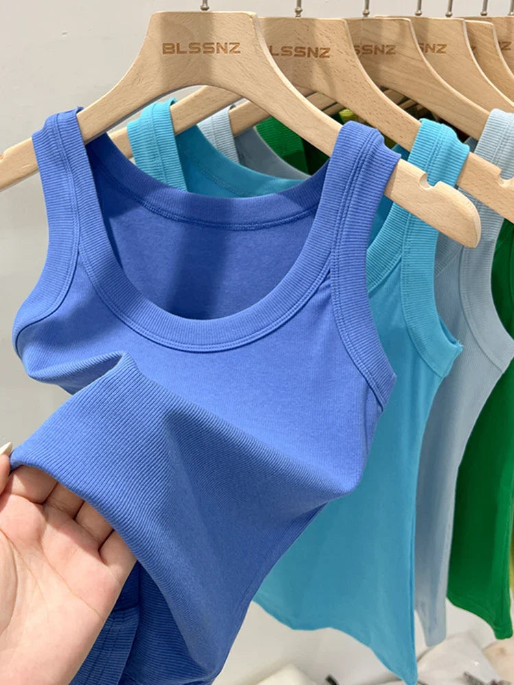 Women’s Ribbed Tank Top Camisole – Solid Color Round Neck Elastic O-Neck Basic Summer Sleeveless Top