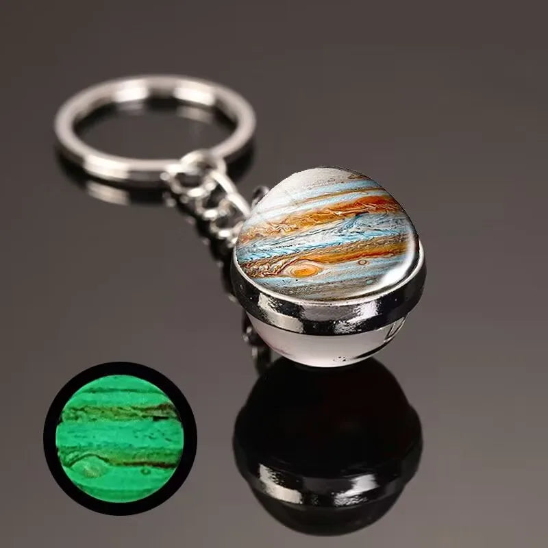 Glow in the Dark Solar System Keychain – Luminous Nebula Planet Key Ring with Moon, Earth, Sun, Double-Sided Glass Ball