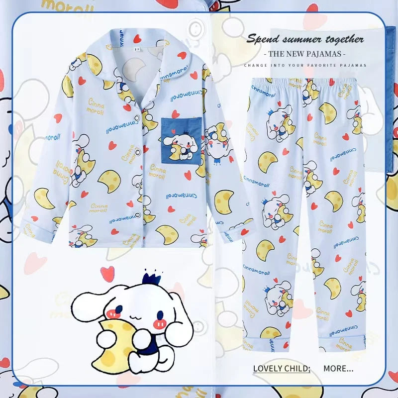 2pcs Kid's Cinnamoroll Pajamas Set - Long Sleeve Top & Pants, Kuromi Sanrio Print Loungewear for Girls