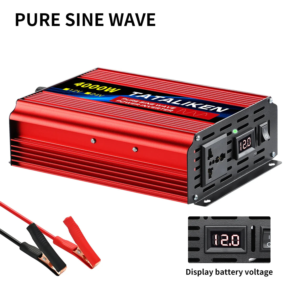 Pure Sine Wave Power Inverter 1000W–4000W – DC 12V/24V to AC 220V 50Hz Converter with Universal Socket Charger Adapter