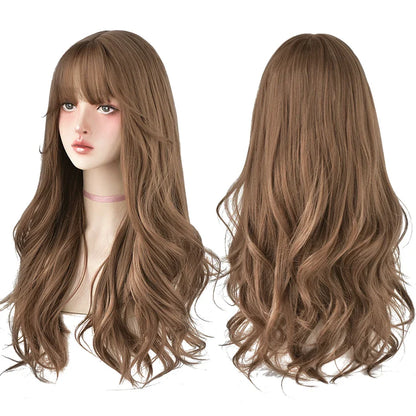 7JHH Brown Ash Long Deep Wave Lolita Wig for Women — Synthetic Hair with Bangs, Thick Curly Fashion Wig