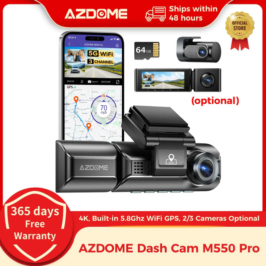 AZDOME M550 Pro 4K Car DVR Dash Cam – WiFi 5.8GHz, Front/Cabin/Rear Cameras, GPS, Night Vision & Parking Monitor