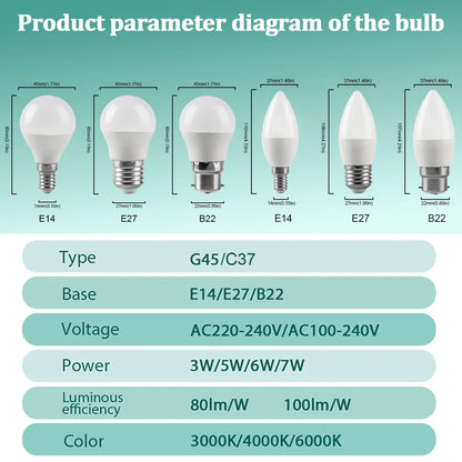 20pcs G45 C37 LED Bulbs — 3W/5W/6W/7W Energy-Saving Mini Lamps, Warm & Cool Light for Home and Bedroom
