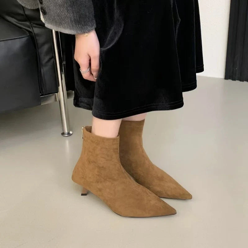 SUOJIALUN 2024 Winter New Women’s Short Boots – Fashion Pointed Toe, Elegant Ankle Boots with Thin High Heel Dress Pumps