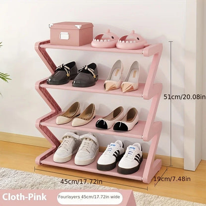 4-Tier Pink Z-Shaped Shoe Rack – Floor Storage Organizer for Living Room, Bedroom & Entryway