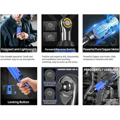 Electric Cordless 3/8" Right Angle Ratchet Wrench — 90° Power Ratchet with LED Light, +7PCS Sockets & 2 Batteries