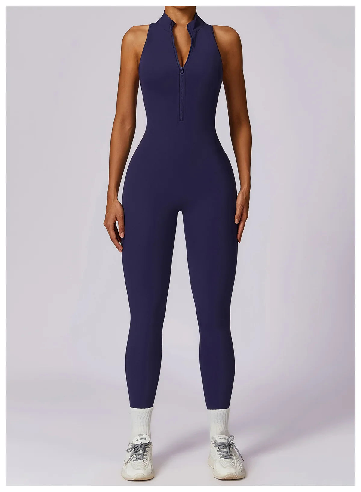 Women’s V-Back One-Piece Sports Jumpsuit — Sleeveless Yoga Romper with Zipper Workout Bodysuit