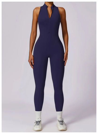 Women’s V-Back One-Piece Sports Jumpsuit — Sleeveless Yoga Romper with Zipper Workout Bodysuit