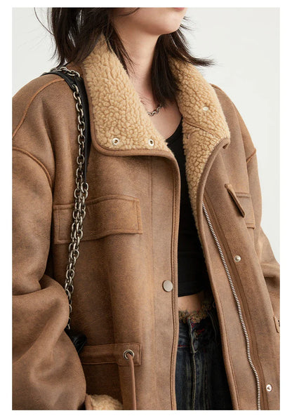 CHIC VEN Women's Reversible Jacket – Thick Suede, Motorcycle Style, Loose Fit Winter & Autumn Outerwear 2023