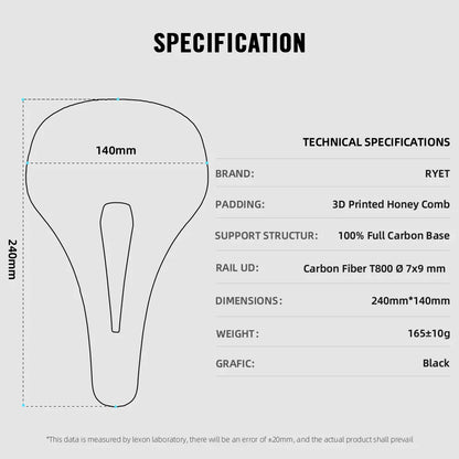 RYET 3D Printed Carbon Bike Saddle — 140/143mm Lightweight Road & MTB Cycling Seat with EVA Cushion