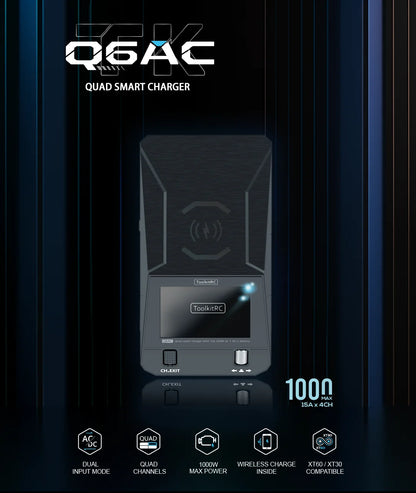 ToolkitRC Q6AC Charger AC 400W/DC 1000W 4-Channel with 65W USB & 15W Wireless Charging for LiPo NiMH PB Batteries
