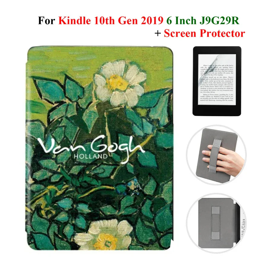 Kindle 10th Gen 6" Leather Case – Hand Strap & Screen Protector Cover with Wake/Sleep Function (2019, J9G29R)